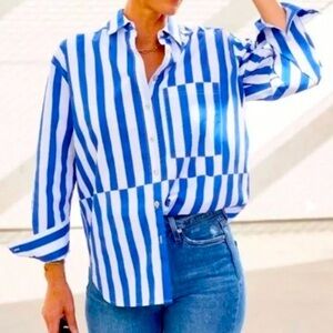 AYR Womens The Deep End button down Shirt in marais blue regatta stripe M